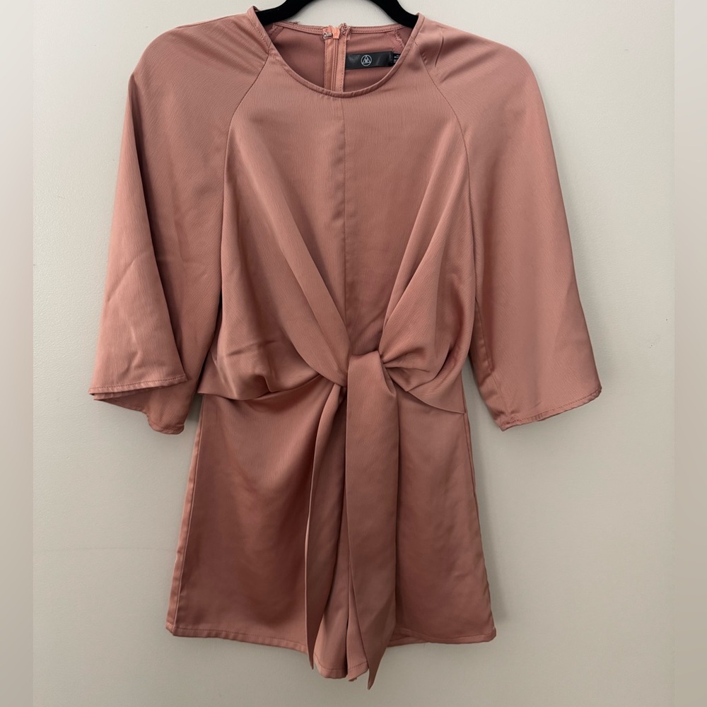 Missguided Satin Romper Blush Pink Tie Front Size  2 Coquette Y2K Barbiecore